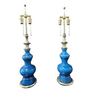 1960s Stiffel Blue Crackled Glazed Lamps - a Pair