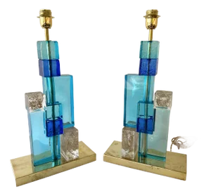 Contemporary Pair of Lamps Blue Gold Powder Cubic Murano Glass and Brass, Italy