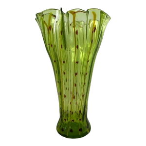 Vintage Art Glass Green Yellow Striped Vase