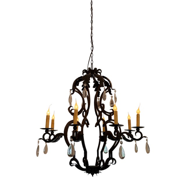 Large Gothic Revival Style Iron & Crystal Twelve-Light Chandelier, Circa 2000s For Sale