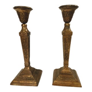Vintage Pair of Brass Pedestal Taper Candle Holders Ram Swags Ribbons Design For Sale