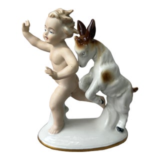 1950s Porcelain Young Child and His Goat Playing Wallendorf Figurine For Sale