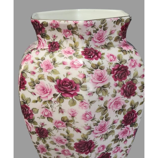 Mid 20th Century Mid 20th Century Staffordshire England Hexagon Crown B Burslem Romantic Roses Chintz Ware Vase For Sale - Image 5 of 7