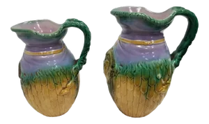 Antique Colorful Majolica Jugs - a Pair
