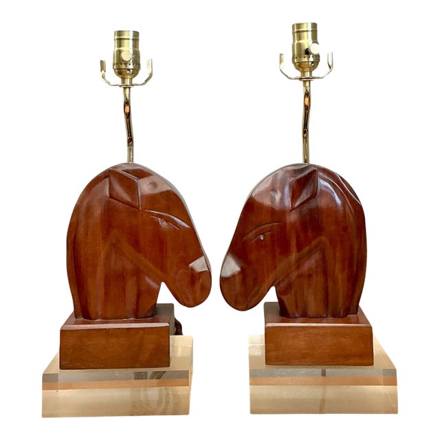 Vintage Carved Wood Horse Lamps on Lucite Base - A Pair For Sale