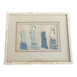 Folky 19th C Paper Dolls in Marbleized Frame For Sale