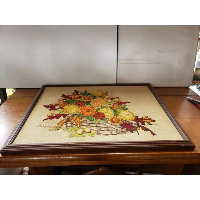 Wood Vintage Rectangular Framed Needlepoint Art With Floral Motif For Sale - Image 7 of 9