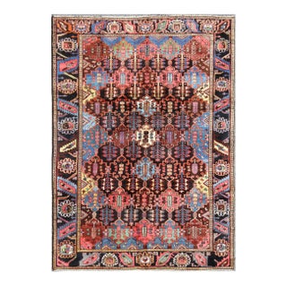 Antique Persian Bakhtiari Rug in Charcoal, Brown, Blue, Yellow and Green For Sale