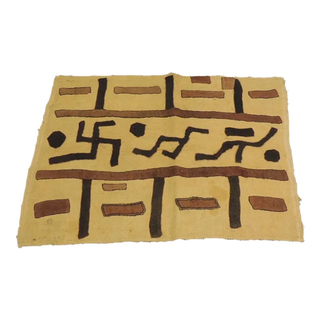 Vintage Tan and Black Raffia Woven Kuba African Textile For Sale