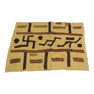 Vintage Tan and Black Raffia Woven Kuba African Textile