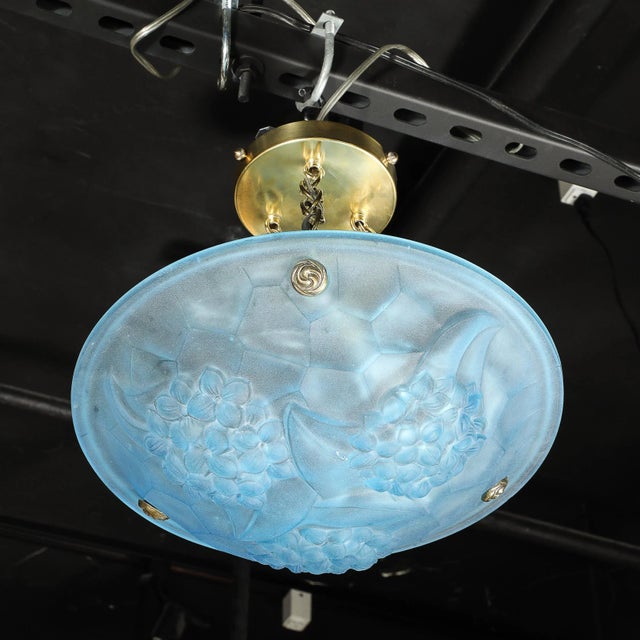 Art Deco Frosted Blue Glass Chandelier W/ Brass Fittings Signed Roc by Degué For Sale - Image 9 of 12