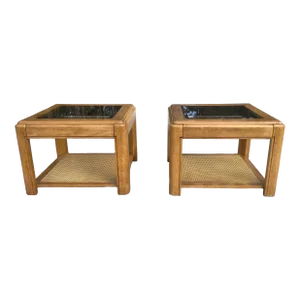 Vintage Boho Coastal Wood Side Tables With Cane Bottoms and Burlwood Tops - Set of 2