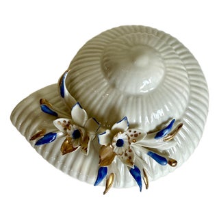Vintage Italian Capodimonte Shell Trinket Box With Blue Floral Accents For Sale