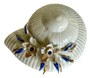 Vintage Italian Capodimonte Shell Trinket Box With Blue Floral Accents