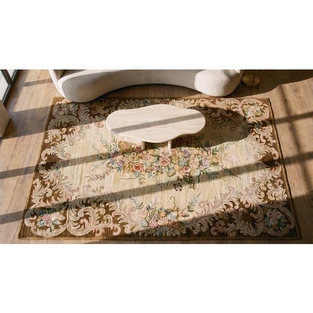 Textile 1930s Tan Camel Floral Folk Art Antique American Hooked Rug 6' X 9' Knotted Wool Carpet For Sale - Image 7 of 9