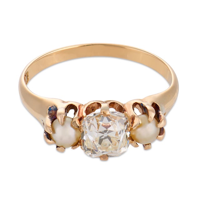 Victorian Late 19th Century Victorian Gia Old Mine Cut Diamond Pearl 14k Yellow Gold Ring, Size 4.25 For Sale - Image 3 of 5