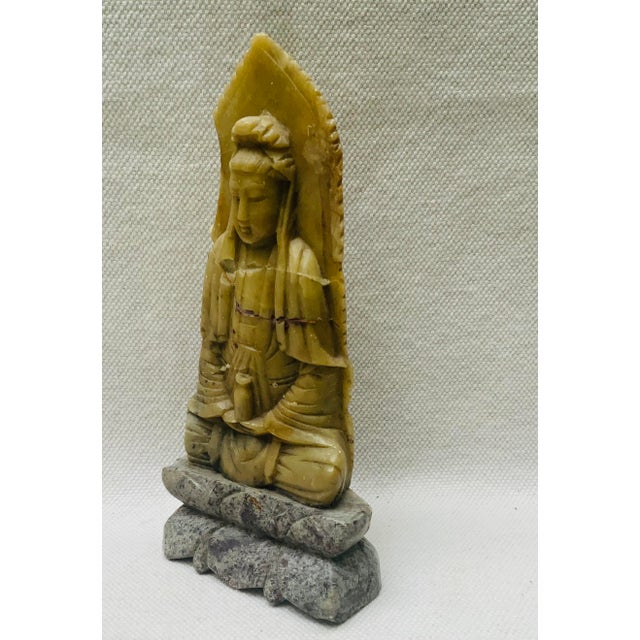 Antique Chinese Hand-Carved Green Stone Buddha Sculpture With Base For Sale - Image 9 of 9