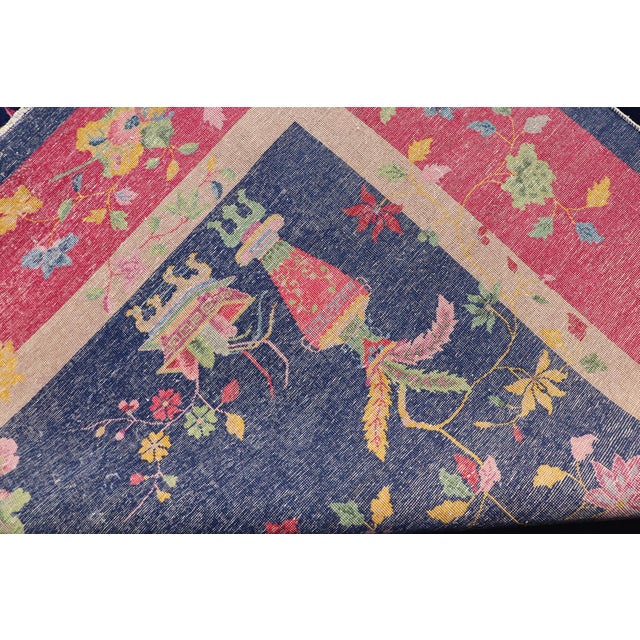 Large Antique Art Deco Rug in Deep Navy Blue With Vibrant Red Border For Sale - Image 13 of 13