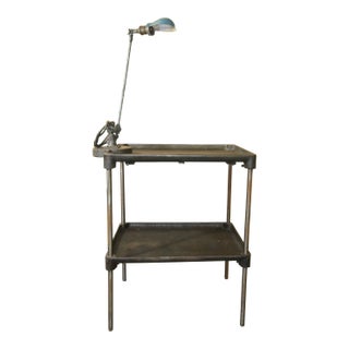 1900s Antique Metal Industrial Work Table With Oc White Lamp Attached For Sale