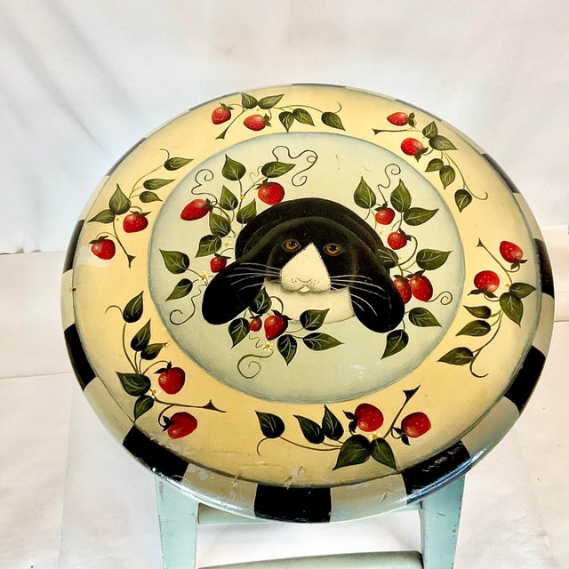 Wood 1970s Vintage Makenzie Childs' Style Arts & Crafts Painted Bunny Bar Stool - Easter. For Sale - Image 7 of 7