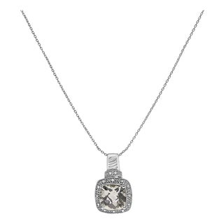 Sterling Silver Cushion Gray Green Amethyst and Diamond Accent Halo Pendant Necklace For Sale
