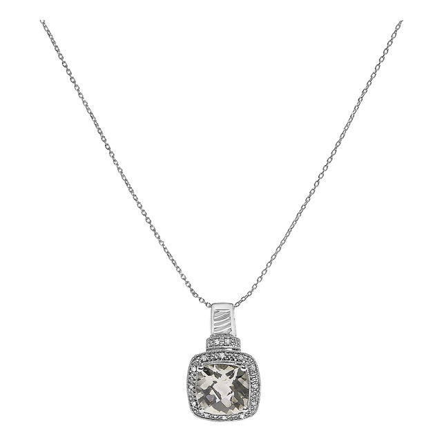 Sterling Silver Cushion Gray Green Amethyst and Diamond Accent Halo Pendant Necklace For Sale