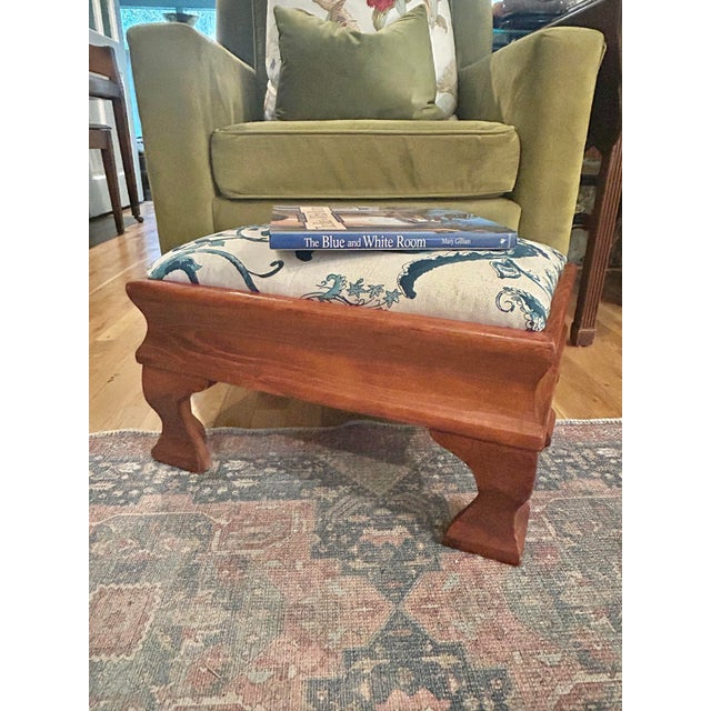 Mid 20th Century Vintage Empire Style Maple Footstool With Blue and White Linen Upholstery For Sale - Image 5 of 12