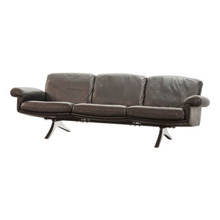 Vintage Black Leather Strap Stitched Three-Seat Sofa from De Sede, 1960s For Sale
