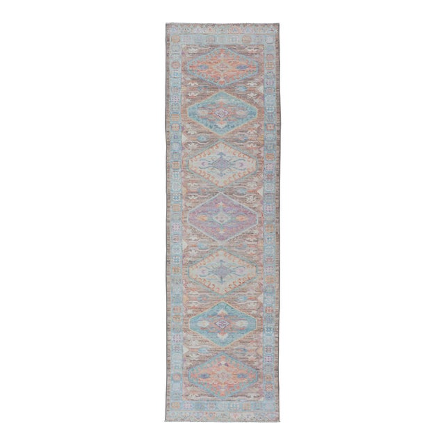 Hand Knotted Modern Oushak Geometric Medallion Designed Runner For Sale