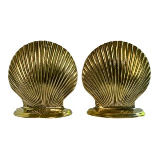 Mid-Century Modern Solid Brass Scallop Shell Bookends- a Pair For Sale