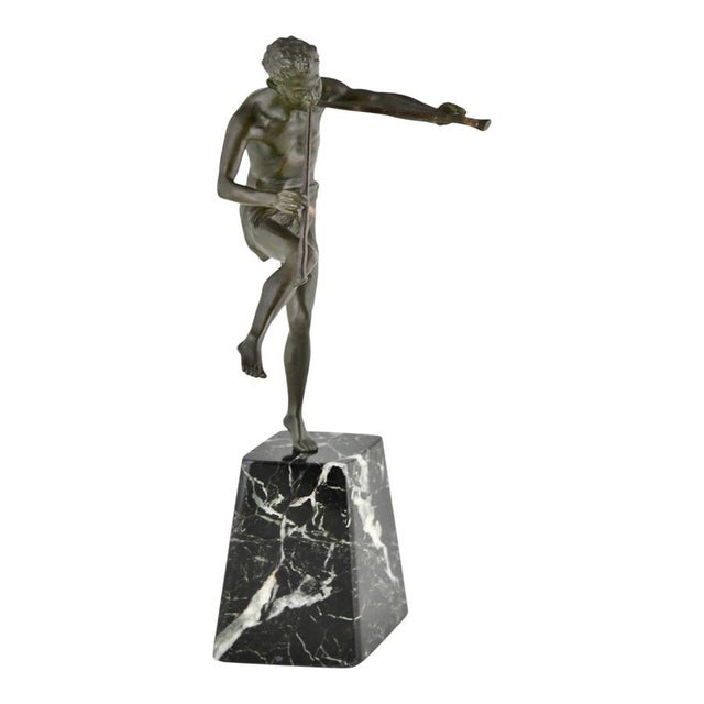 Metal Edouard Drouot, Art Deco Sculpture of Dancing Satyr with Flutes, 1920, Bronze on Marble Base For Sale - Image 7 of 10