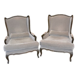 Restoration Hardware Pair Lorraine Gray Velvet Wing Back Bergere Arm Chairs W/ Wood Surround For Sale