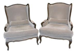Restoration Hardware Pair Lorraine Gray Velvet Wing Back Bergere Arm Chairs W/ Wood Surround