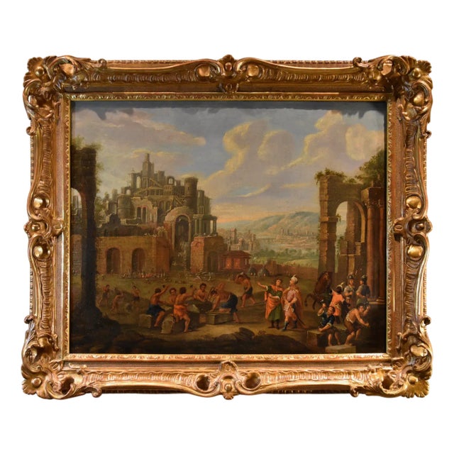 Flemish Artist, Landscape with Tower of Babel, 17th-18th Century, Oil on Canvas, Framed For Sale