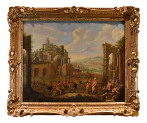 Flemish Artist, Landscape with Tower of Babel, 17th-18th Century, Oil on Canvas, Framed