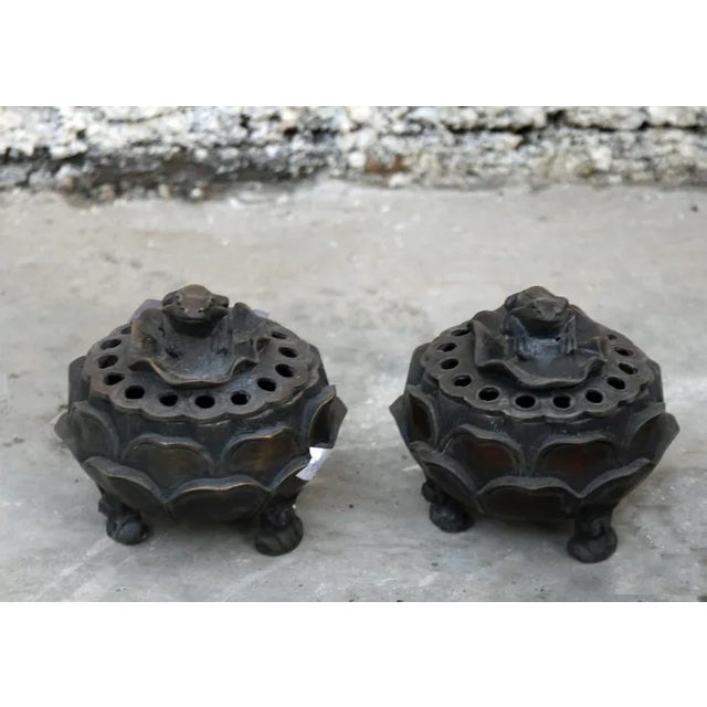1960s Incense Burners With Carved Frog Lids - a Pair For Sale - Image 4 of 5