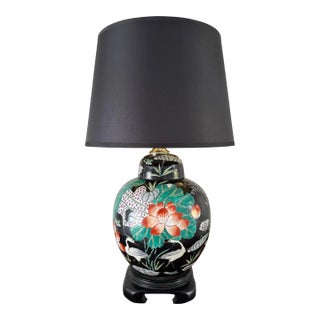 Vintage Chinese Ginger Jar Table Lamp With Cranes & Lilies - 16” For Sale