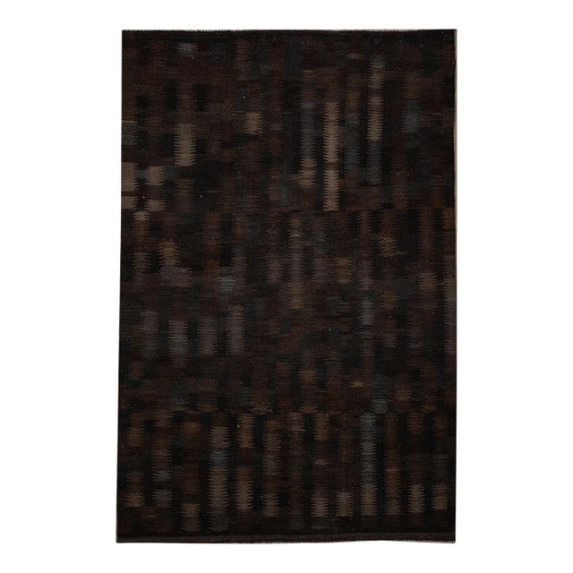 Modern Kilim Handmade Black Geometric Wool Rug For Sale