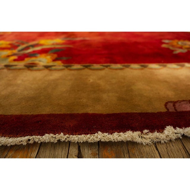 Scarlet 1920s Red Open Field 6Star Room Size Antique Chinese Knotted Wool Art Deco Rug For Sale - Image 8 of 11