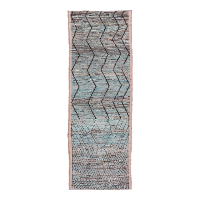 Modern Casual Runner in Wool With Sub-Geometric Modern Design in Teal & Charcoal 3'4 X 9'10 For Sale