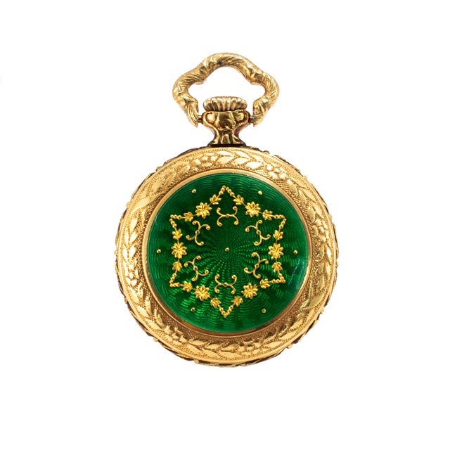 Gold Ladies Art Nouveau Bucherer Lapel 18k Gold Enamel Bow Pin Vintage Pocket Watch For Sale - Image 8 of 11