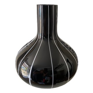 Vintage Black Glass Vase with White Trim, 1950s For Sale