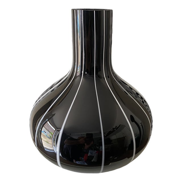 Vintage Black Glass Vase with White Trim, 1950s For Sale