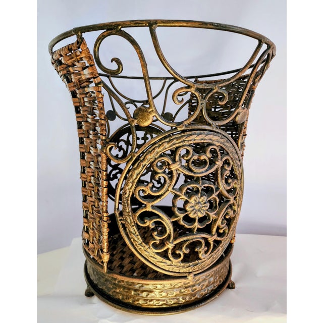1970s Scrolled Wrought Iron & Woven Rattan Wastebasket -Elegant Yet Rustic For Sale - Image 4 of 4