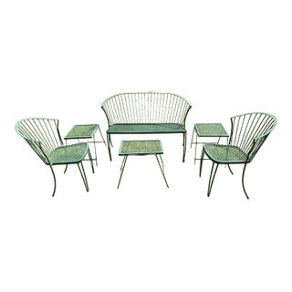 1980s Attributed to Russel Woodard Coversation Set Bench, 2 Chairs and 3 Side Tables For Sale