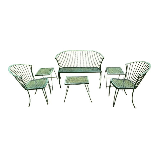 1980s Attributed to Russel Woodard Coversation Set Bench, 2 Chairs and 3 Side Tables For Sale