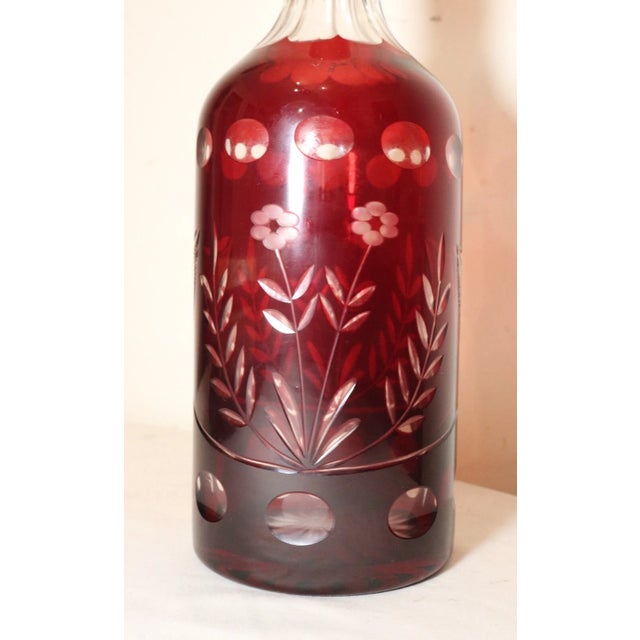 Glass Large Antique Red Cut to Clear Czech Bohemian Crystal Glass Decanter Bottle For Sale - Image 7 of 12