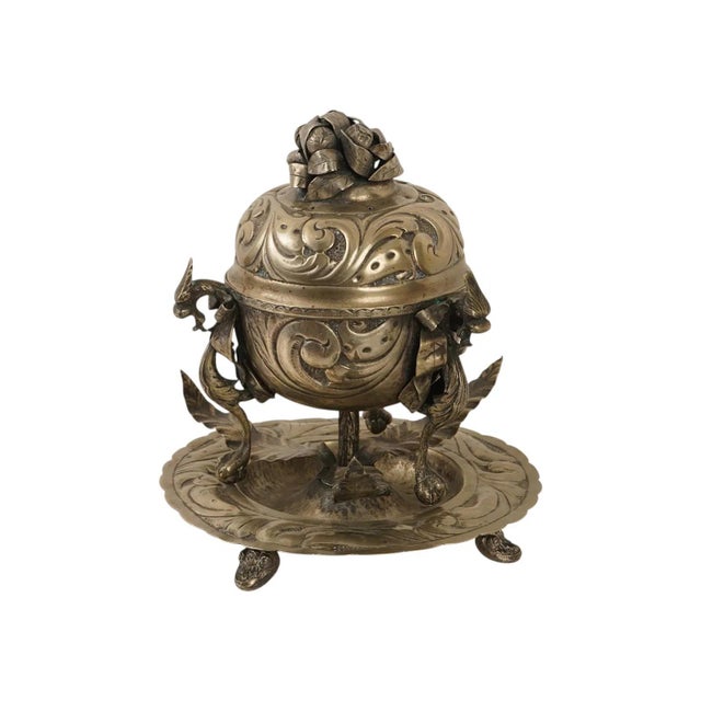 Indian Indian Lidded Footed Silver Alloy Censer W Stand For Sale - Image 3 of 7
