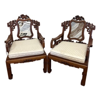 Vintage Chinese Carved Rosewood Armchairs With Dali Marble Panels - A Pair For Sale