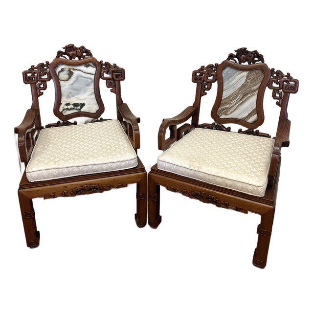 Vintage Chinese Carved Rosewood Armchairs With Dali Marble Panels - A Pair For Sale